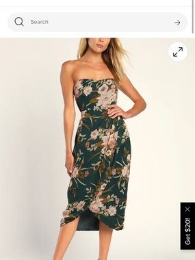 Lulu's Strapless Floral Wrap Midi Dress - Forest Green & Blush